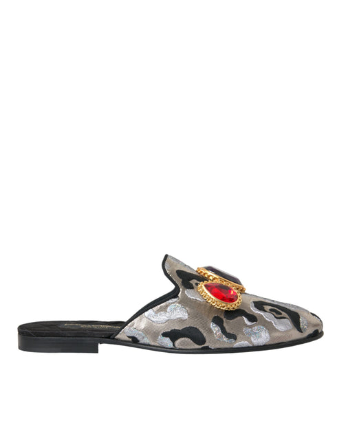 Dolce & Gabbana Gray Jacquard Crystal Mule Flat Sandals Leather - Women’s