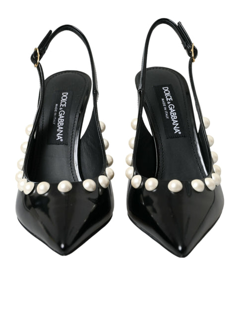Dolce & Gabbana Slingback Heels – Women's Black Leather Faux Pearl Shoes