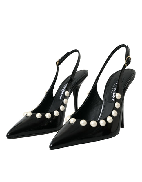 Dolce & Gabbana Slingback Heels – Women's Black Leather Faux Pearl Shoes