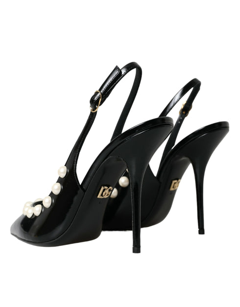 Dolce & Gabbana Slingback Heels – Women's Black Leather Faux Pearl Shoes