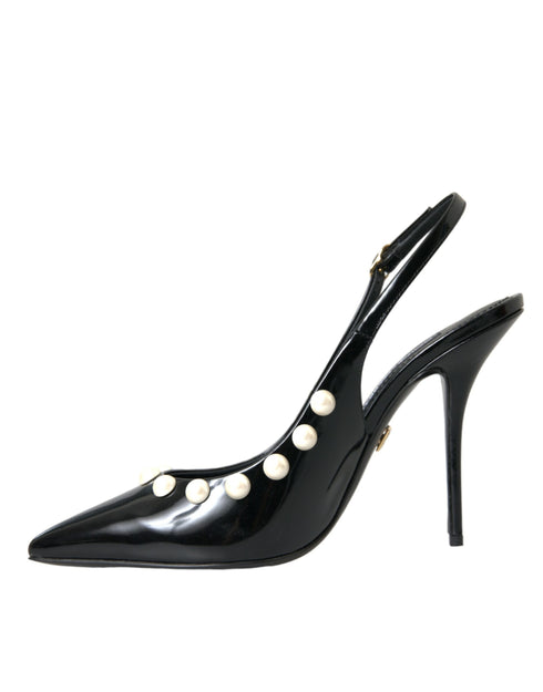 Dolce & Gabbana Slingback Heels – Women's Black Leather Faux Pearl Shoes