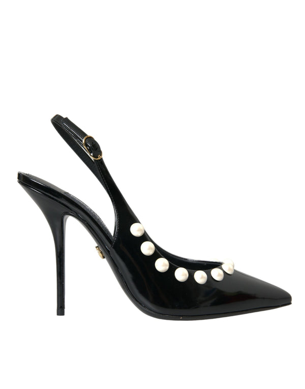 Dolce & Gabbana Slingback Heels – Women's Black Leather Faux Pearl Shoes