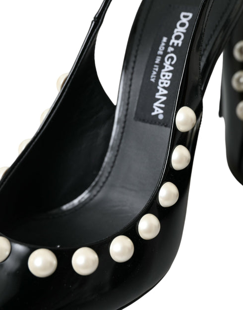 Dolce & Gabbana Slingback Heels – Women's Black Leather Faux Pearl Shoes