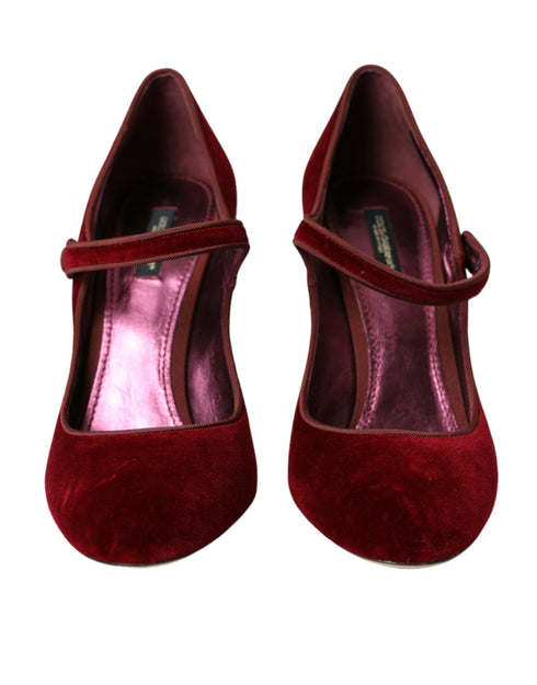 Dolce & Gabbana Red Velvet Mary Jane Gold Crystal Heeled Pumps for Women