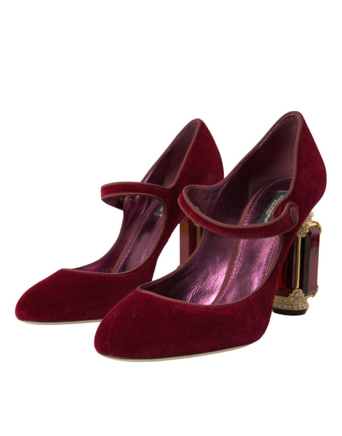 Dolce & Gabbana Red Velvet Mary Jane Gold Crystal Heeled Pumps for Women