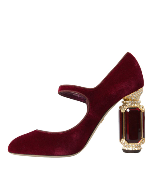 Dolce & Gabbana Red Velvet Mary Jane Gold Crystal Heeled Pumps for Women