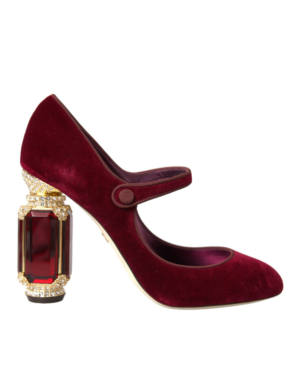 Dolce & Gabbana Red Velvet Mary Jane Gold Crystal Heeled Pumps for Women