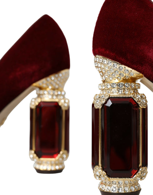 Dolce & Gabbana Red Velvet Mary Jane Gold Crystal Heeled Pumps for Women