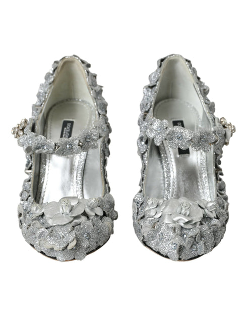 Dolce & Gabbana Mary Jane Pumps in Silver Cotton Blend with Floral Crystals - Women’s