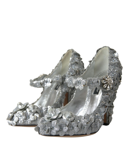 Dolce & Gabbana Mary Jane Pumps in Silver Cotton Blend with Floral Crystals - Women’s