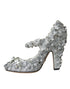 Dolce & Gabbana Mary Jane Pumps in Silver Cotton Blend with Floral Crystals - Women’s