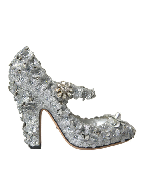 Dolce & Gabbana Mary Jane Pumps in Silver Cotton Blend with Floral Crystals - Women’s
