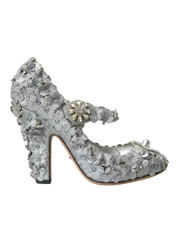 Dolce & Gabbana Mary Jane Pumps in Silver Cotton Blend with Floral Crystals - Women’s