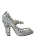 Dolce & Gabbana Mary Jane Pumps in Silver Cotton Blend with Floral Crystals - Women’s