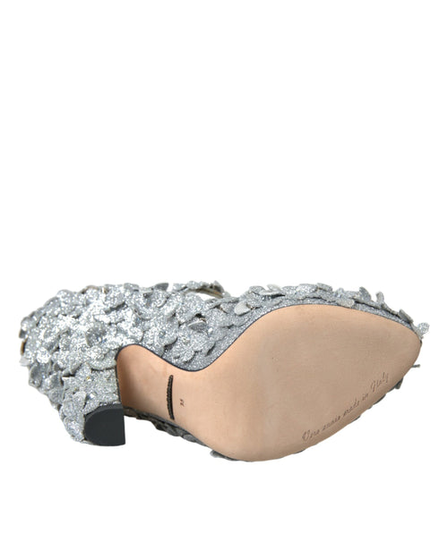 Dolce & Gabbana Mary Jane Pumps in Silver Cotton Blend with Floral Crystals - Women’s