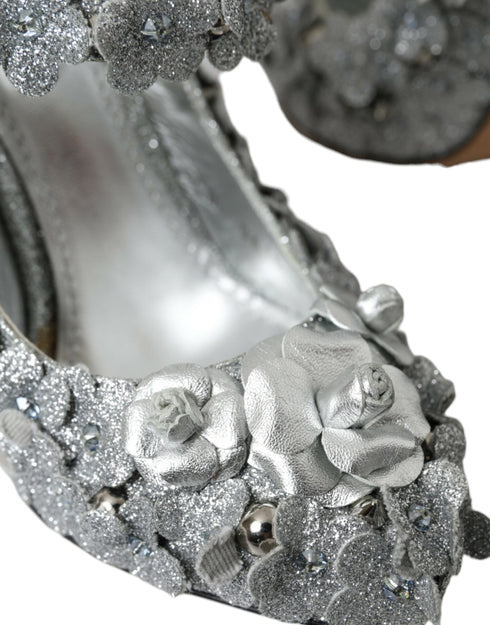 Dolce & Gabbana Mary Jane Pumps in Silver Cotton Blend with Floral Crystals - Women’s