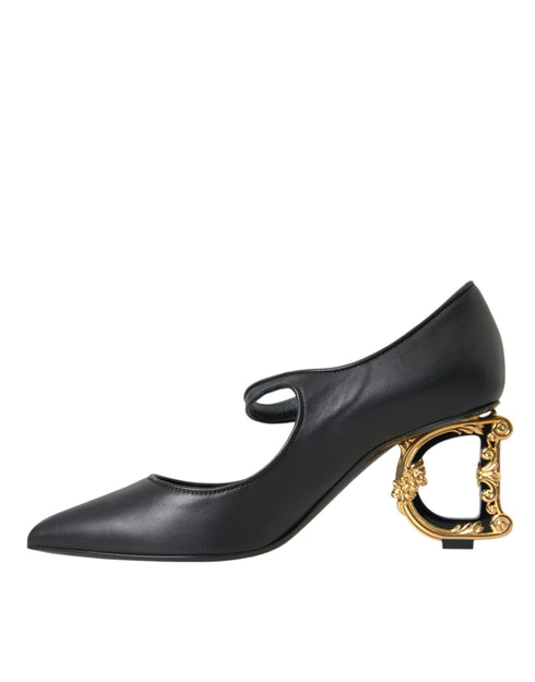 Dolce & Gabbana Mary Jane Pumps Black Leather Gold Logo Heel Women’s Italian Shoes