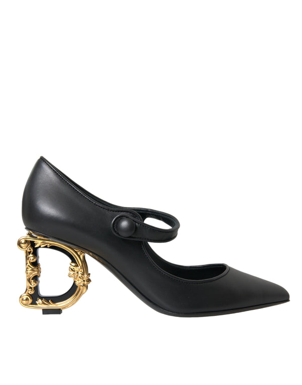 Dolce & Gabbana Mary Jane Pumps Black Leather Gold Logo Heel Women’s Italian Shoes