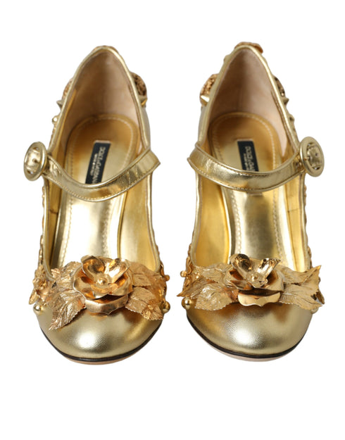 Dolce & Gabbana Gold Floral Leather Mary Janes Pumps – Women’s