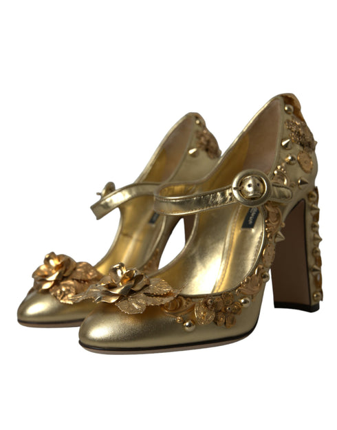 Dolce & Gabbana Gold Floral Leather Mary Janes Pumps – Women’s