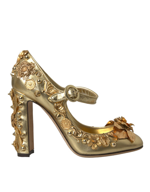 Dolce & Gabbana Gold Floral Leather Mary Janes Pumps – Women’s