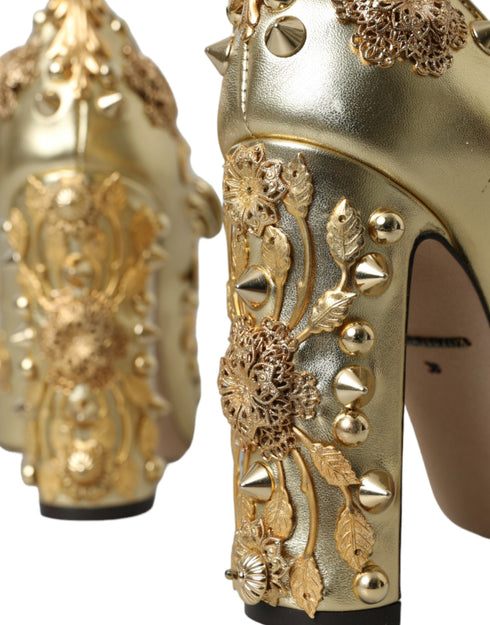 Dolce & Gabbana Gold Floral Leather Mary Janes Pumps – Women’s