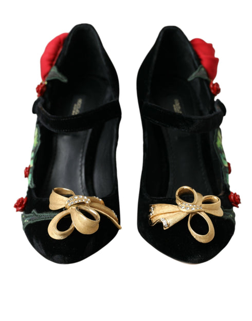 Dolce & Gabbana Black Velvet Mary Jane Pumps – Women's Floral Embellished Heels