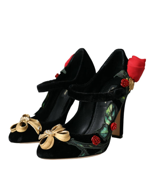 Dolce & Gabbana Black Velvet Mary Jane Pumps – Women's Floral Embellished Heels