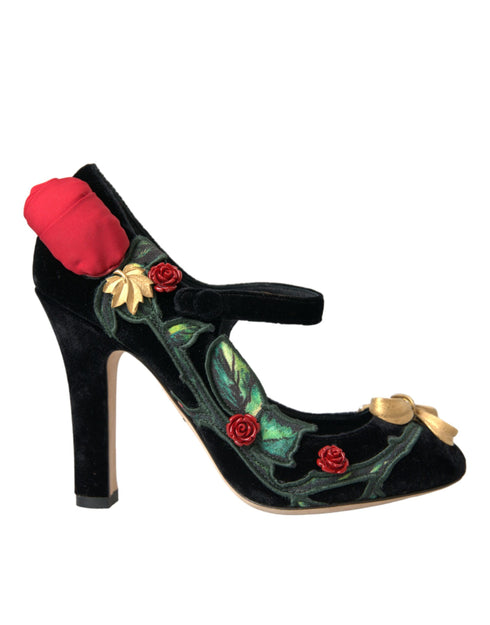 Dolce & Gabbana Black Velvet Mary Jane Pumps – Women's Floral Embellished Heels