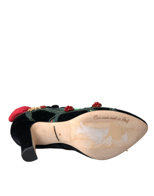 Dolce & Gabbana Black Velvet Mary Jane Pumps – Women's Floral Embellished Heels