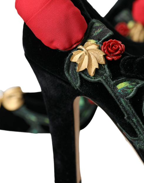 Dolce & Gabbana Black Velvet Mary Jane Pumps – Women's Floral Embellished Heels