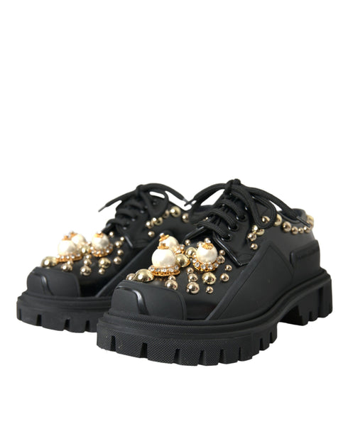 Dolce & Gabbana Black Leather Women's Embellished Derby Shoes – Studded Trekking Style