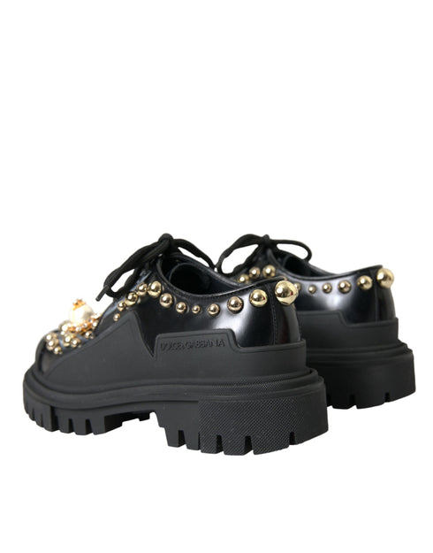 Dolce & Gabbana Black Leather Women's Embellished Derby Shoes – Studded Trekking Style