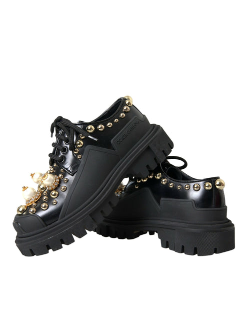 Dolce & Gabbana Black Leather Women's Embellished Derby Shoes – Studded Trekking Style