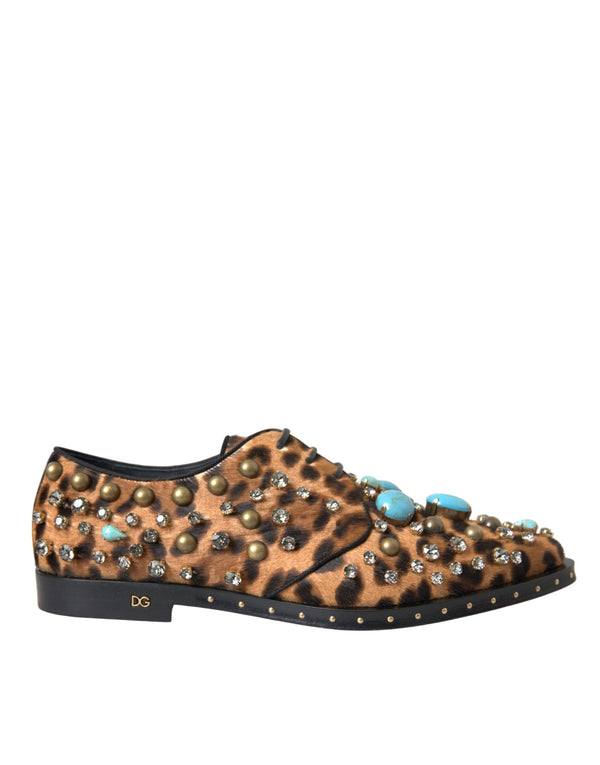 Dolce & Gabbana Leopard Crystal Brogue Shoes – Brown Calf Fur Dress Shoes for Women
