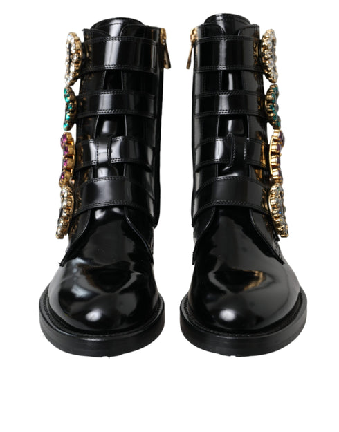 Dolce & Gabbana Mid-Calf Boots – Black Polished Leather with Multicolor Crystal Buckles for Women