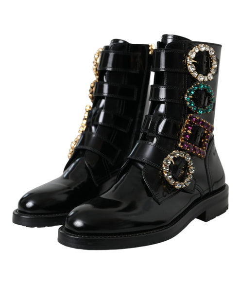 Dolce & Gabbana Mid-Calf Boots – Black Polished Leather with Multicolor Crystal Buckles for Women
