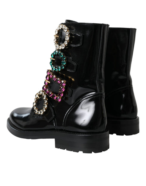 Dolce & Gabbana Mid-Calf Boots – Black Polished Leather with Multicolor Crystal Buckles for Women