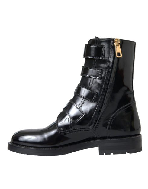Dolce & Gabbana Mid-Calf Boots – Black Polished Leather with Multicolor Crystal Buckles for Women
