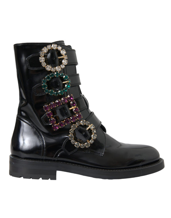 Dolce & Gabbana Mid-Calf Boots – Black Polished Leather with Multicolor Crystal Buckles for Women