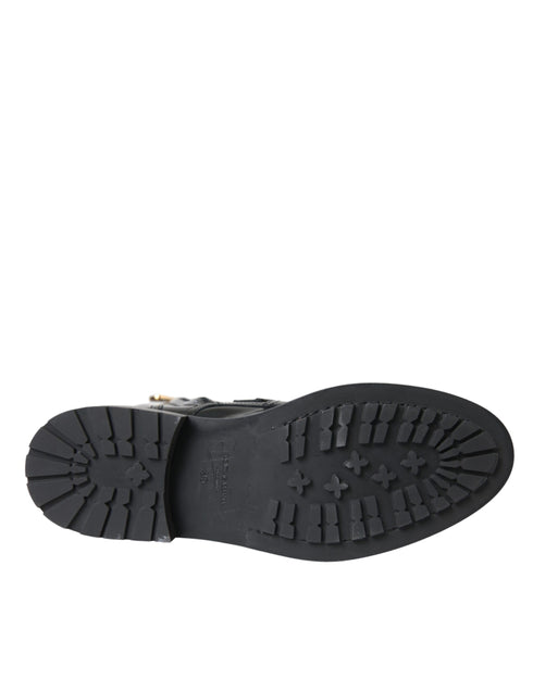 Dolce & Gabbana Mid-Calf Boots – Black Polished Leather with Multicolor Crystal Buckles for Women