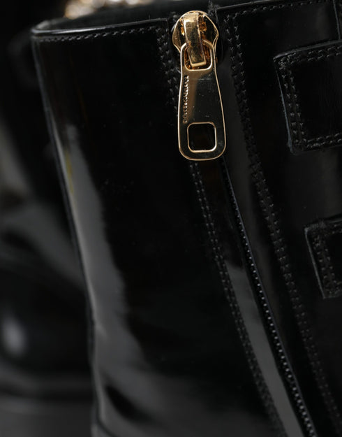 Dolce & Gabbana Mid-Calf Boots – Black Polished Leather with Multicolor Crystal Buckles for Women