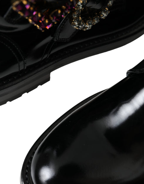 Dolce & Gabbana Mid-Calf Boots – Black Polished Leather with Multicolor Crystal Buckles for Women