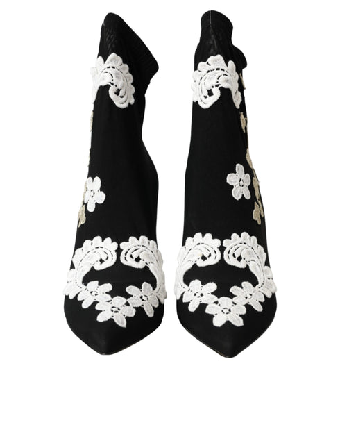 Dolce & Gabbana Black White Floral Embroidered Slip-On Boots for Women