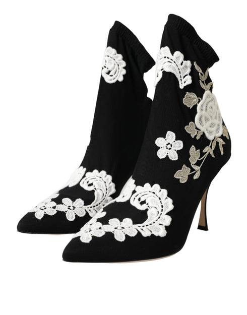 Dolce & Gabbana Black White Floral Embroidered Slip-On Boots for Women