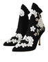 Dolce & Gabbana Black White Floral Embroidered Slip-On Boots for Women