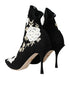 Dolce & Gabbana Black White Floral Embroidered Slip-On Boots for Women
