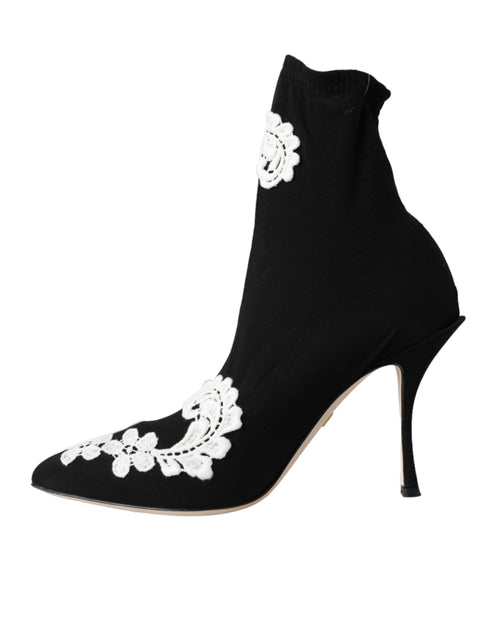 Dolce & Gabbana Black White Floral Embroidered Slip-On Boots for Women