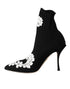 Dolce & Gabbana Black White Floral Embroidered Slip-On Boots for Women