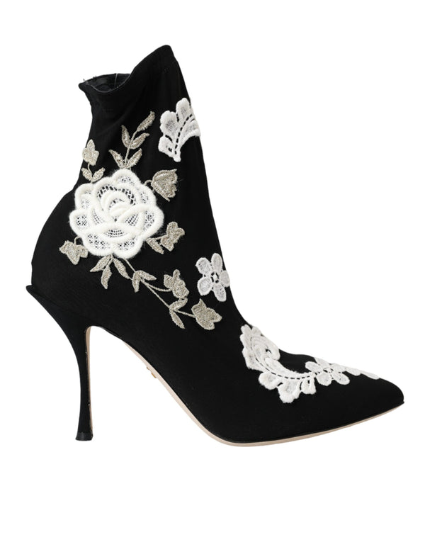 Dolce & Gabbana Black White Floral Embroidered Slip-On Boots for Women